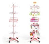 Exttlliy Présentoir à 5 étages avec panier en métal et roulettes, rose | Présentoir rotatif à 360° pour vitrine, présentoir rotatif réglable pour bijoux, boucles d'oreilles, porte-clés, chaussettes