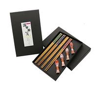 EXZACT bambou coffret de baguettes 4 paires avec 4 bois supports coffret | japonais style Floral avec Grooved Tips pour Sushi Noodles repas Thoughtful Gifting Idéal au