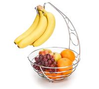 Exzact Corbeille à Fruits avec Crochet à Bananes, Panier en Fil Métallique, 41cm de Hauteur, Support à Fruits et Bananes, Chrome Argenté