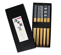 Exzact Ensemble-Cadeau De Baguettes - 5 Paires De Baguettes en Bambou Naturel Réutilisables dans Une Belle Boîte À La Main Noire - Ornementation Bleue Antique Japonaise Décorée