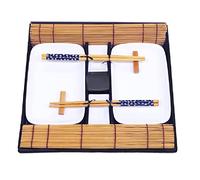 Exzact service à sushi 10 pièces porcelaine assiettes coupelles bambou | coffret cadeau japonais repas set avec Dip Bowls Chopstick supports pour Sushi Nights maison repas