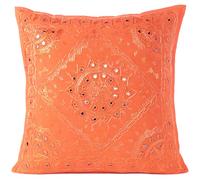 Eyes of India - Miroir Brodé Canapé Décoratif Coussin Étui Bohème Accent Boho Chic Plein de Couleurs Indien Fait Main Housse - Orange, 24 X 24 in. (60 X 60 cm)
