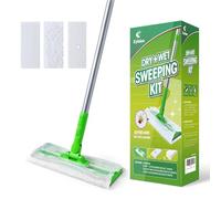 Eyliden Balayeuse 2 en 1 pour Nettoyage de sols Multi-Surfaces, kit de démarrage jetable avec 36 recharges - 12 Chiffons humides, 12 tampons de Balai à Poils d'animaux Robustes, 12 Chiffons de
