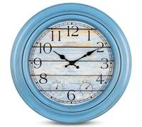 eYotto Grande horloge murale étanche de 46 cm avec thermomètre/hygromètre pour intérieur/extérieur, à piles et silencieuse, pour terrasse, piscine, jardin, salle de bain, maison de plage, bleu