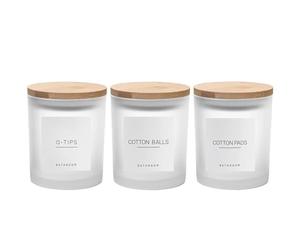 Ezebesta Lot de 3 boîtes de salle de bain transparentes modernes de 383,6 g avec 12 étiquettes et couvercle en bois épais pour ranger des boules de coton et des coussinets, décoration minimaliste