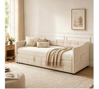 EZSSW Canapé-lit gigogne 2 en 1, 90x200, velours beige, accoudoirs enveloppants, double sommier à lattes, roulettes, poche latérale