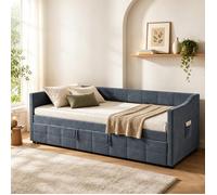 EZSSW Canapé-lit gigogne 2 en 1, 90x200, velours gris, accoudoirs enveloppants, double sommier à lattes, roulettes, poche latérale