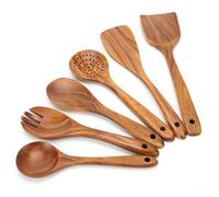 EZuncle Lot de 6 cuillères de cuisine en bois - Idéal pour les poêles antiadhésives, résistant à la chaleur, couverts en teck lisse pour une prise en main confortable - Léger et durable - Facile à