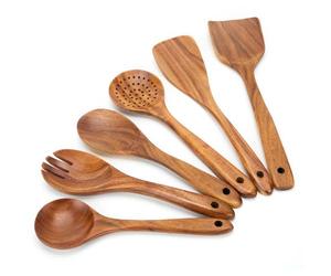 EZuncle Lot de 6 cuillères de cuisine en bois - Idéal pour les poêles antiadhésives, résistant à la chaleur, couverts en teck lisse pour une prise en main confortable - Léger et durable - Facile à