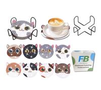 F4B 8 Pièces Dessous de Verre Chats Diamond Painting | Strass Ronds | Avec Support | Sous Main | Chats | Enfants | Paquet Adultes et Enfants