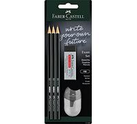 FABER-CASTELL 111183 - Set de crayons Exam, avec trois crayons 1111 de dureté HB, avec taille-crayon et gomme, noir