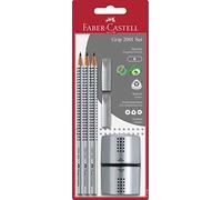FABER-CASTELL 117098 - Set d'écriture GRIP 2001 argent, set scolaire avec 3 crayons, 2 gommes et 1 taille-crayon