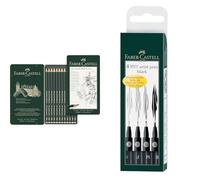 Faber-Castell 119065 Set Art de 12 crayons graphite CASTELL 9000 & 167100 - Crayons à encre de Chine Pitt Artist Pen, paquet de 4, contenu : S, F, M, B, noir