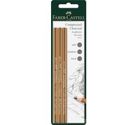 Faber-Castell 119999 - Fusains noirs, 3 crayons à dessin, fusains Pitt soft, medium, hard