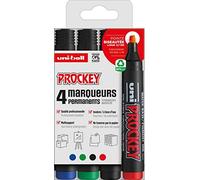 Faber-Castell 159004 Lot de 4 Marqueurs permanents Uni Prockey, pointe du coin, 3 - 6 mm, 4 cas, Contenu: noir, vert, rouge et bleu