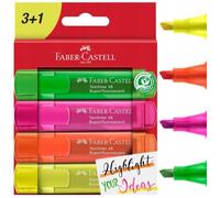 Faber-Castell 254604 - Set de surligneurs TL 46, étui de 4 pièces, couleurs néon, pointe biseautée longue durée, largeur de trait 1 - 5 mm, rechargeable