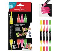Faber-Castell 285505 Black Edition Shake & Paint Marqueurs Acryliques, Ensemble de 4 marqueurs couleurs néon, Double pointe 3mm & 1mm, Imperméables, Marqueurs artistiques multi-surfaces pour adultes