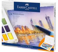 Faber-Castell 169724 - Aquarelles, 24 godets de couleur, avec palette de mélange et pinceau à réservoir d'eau