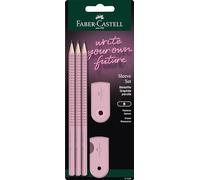 Faber-Castell Grip 2001 Coffret avec 3 crayons, 1 gomme et 1 taille-crayon - Rose