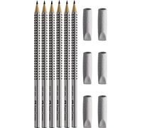 Faber-Castell Crayon Grip 2001 en lot de 6, dureté HB, couleur de la coque : argent, argent HB + 6 capuchons gommes