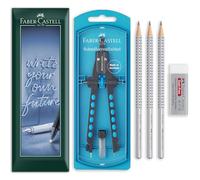 Faber-Castell Ensemble de géométrie et de dessin | Boussole à réglage rapide, 3 crayons graphite HB Grip 2001 et gomme anti-poussière | Mathématiques, dessin technique (Bleu perle)