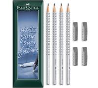 Faber-Castell Grip 2001 Crayon graphite + capuchon gomme | Poignée ergonomique pointillée et corps triangulaire | Dessin technique, croquis, écriture | Lot de 4 crayons et gommes (2H)