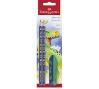 Faber-Castell Set d'écriture Dino 111517 – crayons HB et gomme, 3 pièces bleu pour enfants