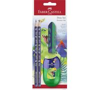 Faber-Castell Kit d'écriture Dino 111519 – crayons HB, taille-crayon et gomme, Bleu (4 pièces)