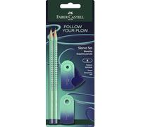 Faber-Castell - Kit d'écriture Flow Edition Buzzing Blue, 4 pièces | Avec 2 crayons, une gomme et un taille-crayon - pour enfants et adultes