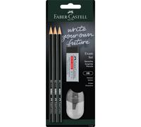 FABER-CASTELL 111183 - Set de crayons Exam, avec trois crayons 1111 de dureté HB, avec taille-crayon et gomme, noir