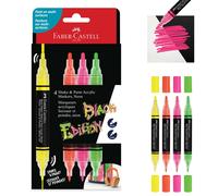 Faber-Castell 285505 Black Edition Shake & Paint Marqueurs Acryliques, Ensemble de 4 marqueurs couleurs néon, Double pointe 3mm & 1mm, Imperméables, Marqueurs artistiques multi-surfaces pour adultes