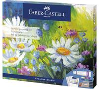 FABER-CASTELL - Peintures acryliques, 18 pièces, résistantes à l'eau | Avec 12 couleurs acryliques, une toile, une palette de mélange et 4 pinceaux pour des projets de peinture créatifs