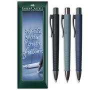 Faber-Castell Poly Ball XB Lot de 3 stylos à bille à pointe extra large Corps multicolore Encre bleue Ensemble de papeterie pour bureau, maison, travail (Noir, Gris pierre, Bleu marine)