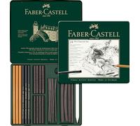 Faber-Castell - Set de 24 crayons à charbon Pitt avec étui métallique | Fusains et charbons à dessin avec accessoires pour les croquis, les portraits et les dessins expressifs