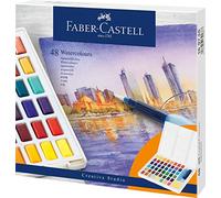 Faber-Castell 169748 - Aquarelles en godets, avec palette de mélange et pinceau à réservoir d'eau, étui de 48 pièces