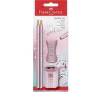Faber-Castell Kit d'écriture GRIP SPARKLE – Lot avec taille-crayon, gomme et 2 crayons rosés