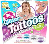 FABLAB - Glitter Tattoos - Kit Tatouages Pailletés Enfant dès 8 Ans - 28 Pochoirs + 4 Couleurs de Paillettes Glitter Sans Plastique - Coffret Créatif Anniversaire, Fête - Boîte Rangement