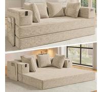 Fabulcozy 2en 1 Canapé-Lit avec Accoudoirs de Rangement - Velours Côtelé Haut de Gamme, Design Compact pour Studio & Salon, Couverture Amovible et Lavable Inclus