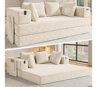 Fabulcozy 2en 1 Canapé-Lit avec Accoudoirs de Rangement - Velours Côtelé Haut de Gamme, Design Compact pour Studio & Salon, Couverture Amovible et Lavable Inclus(Blanc cassé)