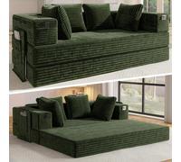 Fabulcozy 2en 1 Canapé-Lit avec Accoudoirs de Rangement - Velours Côtelé Haut de Gamme, Design Compact pour Studio & Salon, Couverture Amovible et Lavable Inclus(Vert)