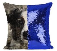 Fabulous Coussin avec Housse Sequin - Paillettes Bleu Border Collie Effet Peinture Art [40 x 40 cm] Bleu G