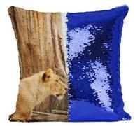 Fabulous Coussin avec Housse Sequin - Paillettes Bleu Lionnes près d'un Arbre Savane [40 x 40 cm] Bleu G