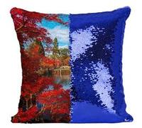 Fabulous Coussin avec Housse Sequin - Paillettes Bleu Pont Enjambe un Lac Bordé d'Arbre [40 x 40 cm] Bleu G