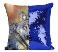 Fabulous Coussin avec Housse Sequin - Paillettes Bleu Tete de Loup Vie Animale [40 x 40 cm] Bleu G
