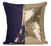 Fabulous Coussin avec Housse Sequin - Paillettes Doré Face à la Tour Eiffel Illuminée la Nuit [40 x 40 cm] Doré G