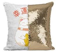 Fabulous Coussin avec Housse Sequin - Paillettes Doré Maneki Neko Chat [40 x 40 cm] Doré G