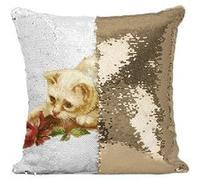 Fabulous Coussin avec Housse Sequin - Paillettes Doré Peinture Chat Blanc A Poils Longs Fleur Persan [40 x 40 cm] Doré G
