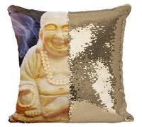 Fabulous Coussin avec Housse Sequin - Paillettes Doré Petit Bouddha Assit Rieur Style Chinois [40 x 40 cm] Doré G