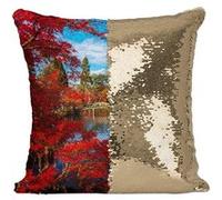 Fabulous Coussin avec Housse Sequin - Paillettes Doré Pont Enjambe un Lac Bordé d'Arbre [40 x 40 cm] Doré G