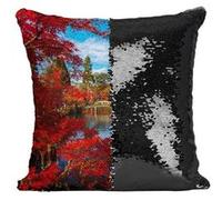 Fabulous Coussin avec Housse Sequin - Paillettes Noir Pont Enjambe un Lac Bordé d'Arbre [40 x 40 cm] Noir G